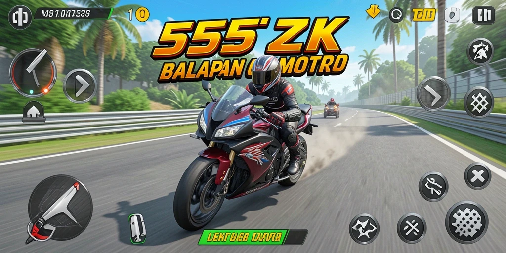 Tampilan gameplay mendebarkan di 555ZK saat balapan motor.