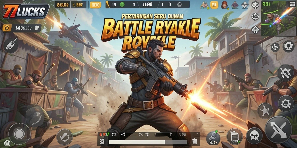 Screenshot gameplay 77LUCKS yang menunjukkan aksi Battle Royale yang mendebarkan.