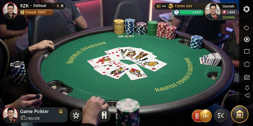 Screenshot gameplay 9ZK yang menunjukkan pemain sedang bertanding di meja poker.