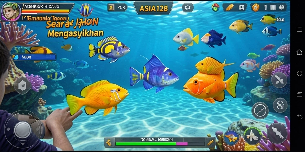 Screenshot permainan menampilkan aksi seru menangkap ikan.