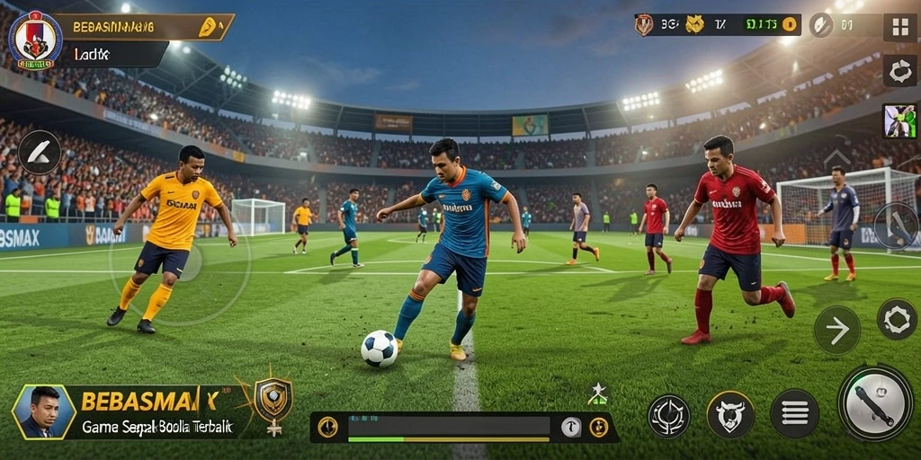Tangkapan layar BEBASMAX menampilkan aksi seru di lapangan sepak bola.