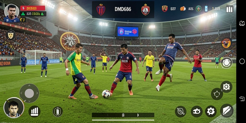 Screenshot DMD686 menampilkan gameplay sepak bola yang mendebarkan dan realistis.