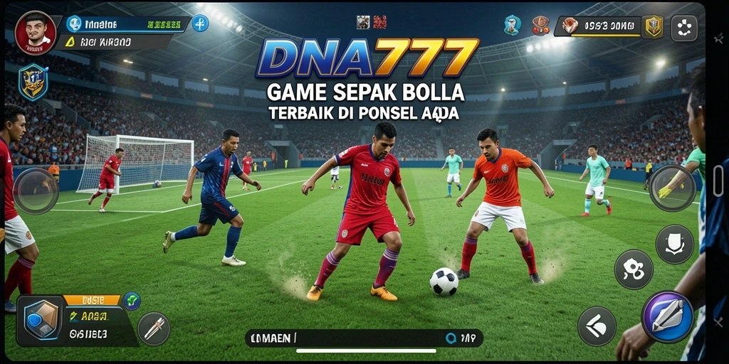 Screenshot utama menunjukkan aksi seru di lapangan sepak bola.