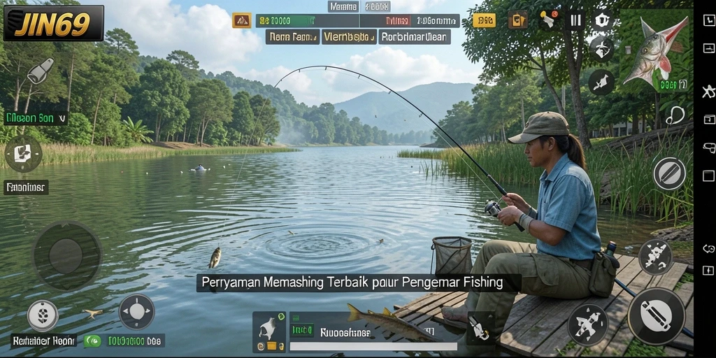 Tampilan gameplay <strong>JIN69</strong> saat menangkap ikan di danau.