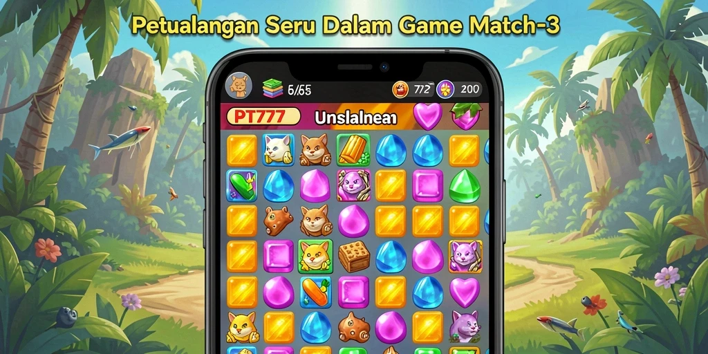 Screenshot utama PT777 menampilkan gameplay seru Match-3 dengan efek visual menarik.