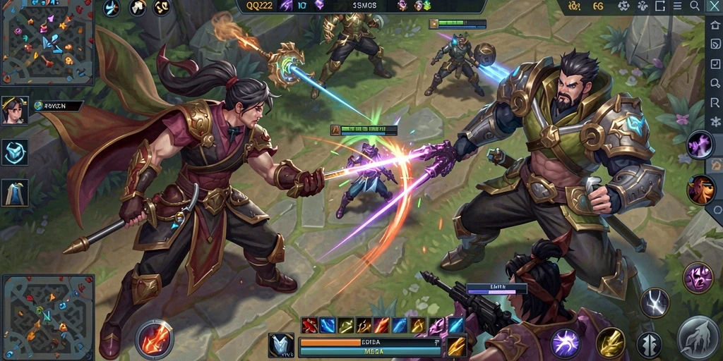 Screenshot utama memperlihatkan pertarungan seru di arena MOBA.
