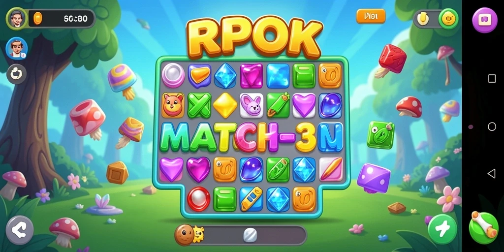 Screenshot RPOK menampilkan gameplay menarik dan colorful di level Match-3.