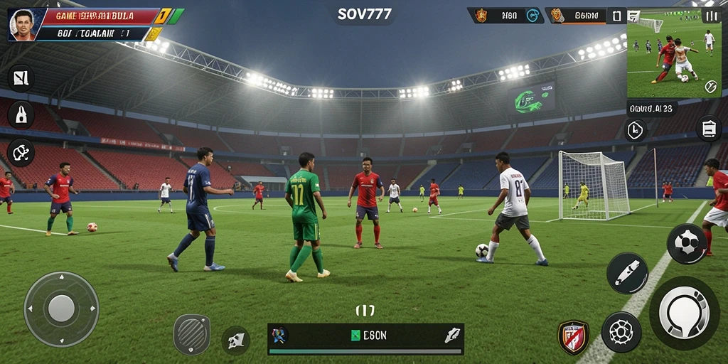 Screenshot gameplay SOV777 menunjukkan momen seru dalam pertandingan sepak bola.