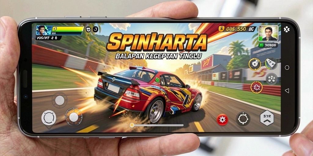 Screenshot gameplay SPINHARTA menunjukkan aksi balapan yang mendebarkan.