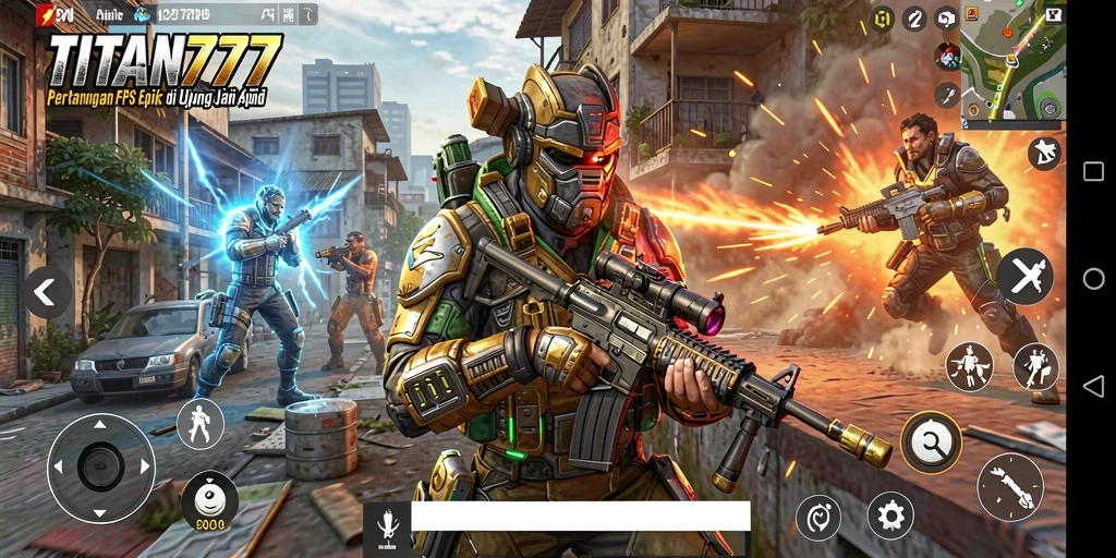 Screenshot gameplay TITAN777 dengan pertempuran tembak-menembak intens.