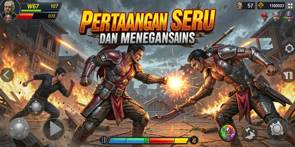 Tangkapan layar utama W67 menunjukkan aksi pertarungan yang intens dan strategi bertarung.